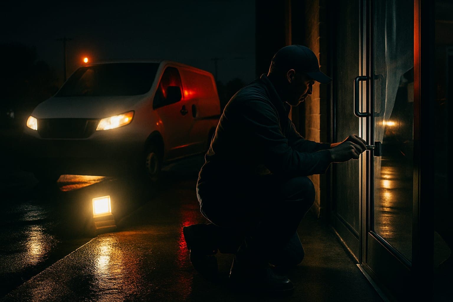 Business locksmith rekeying a storefront door lock for a Houston shop at opening time