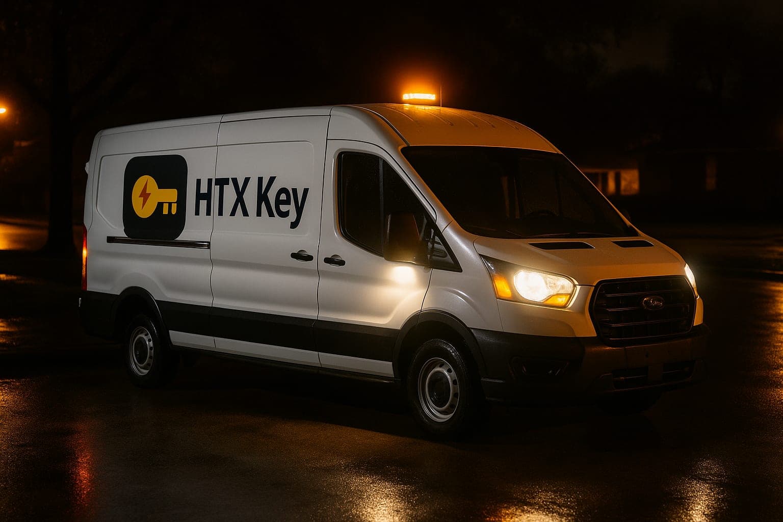 HTX Key marked emergency locksmith service van on a Houston, TX street at night