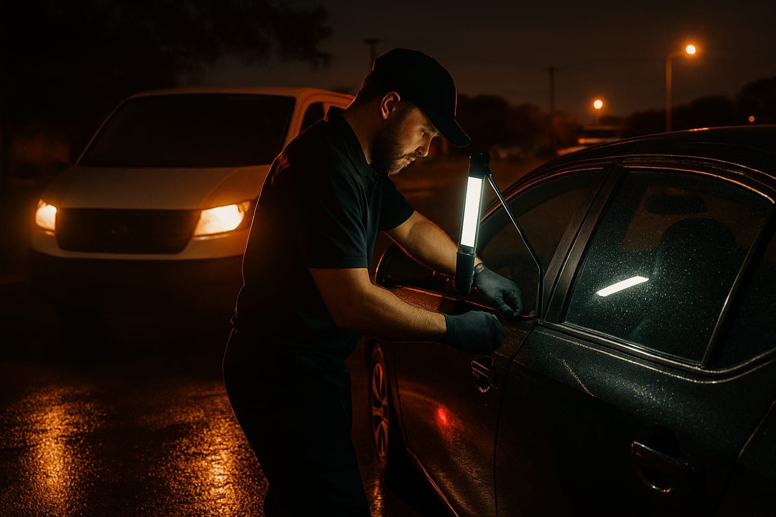 Mobile auto locksmith opening a car door without damage in a Houston parking lot