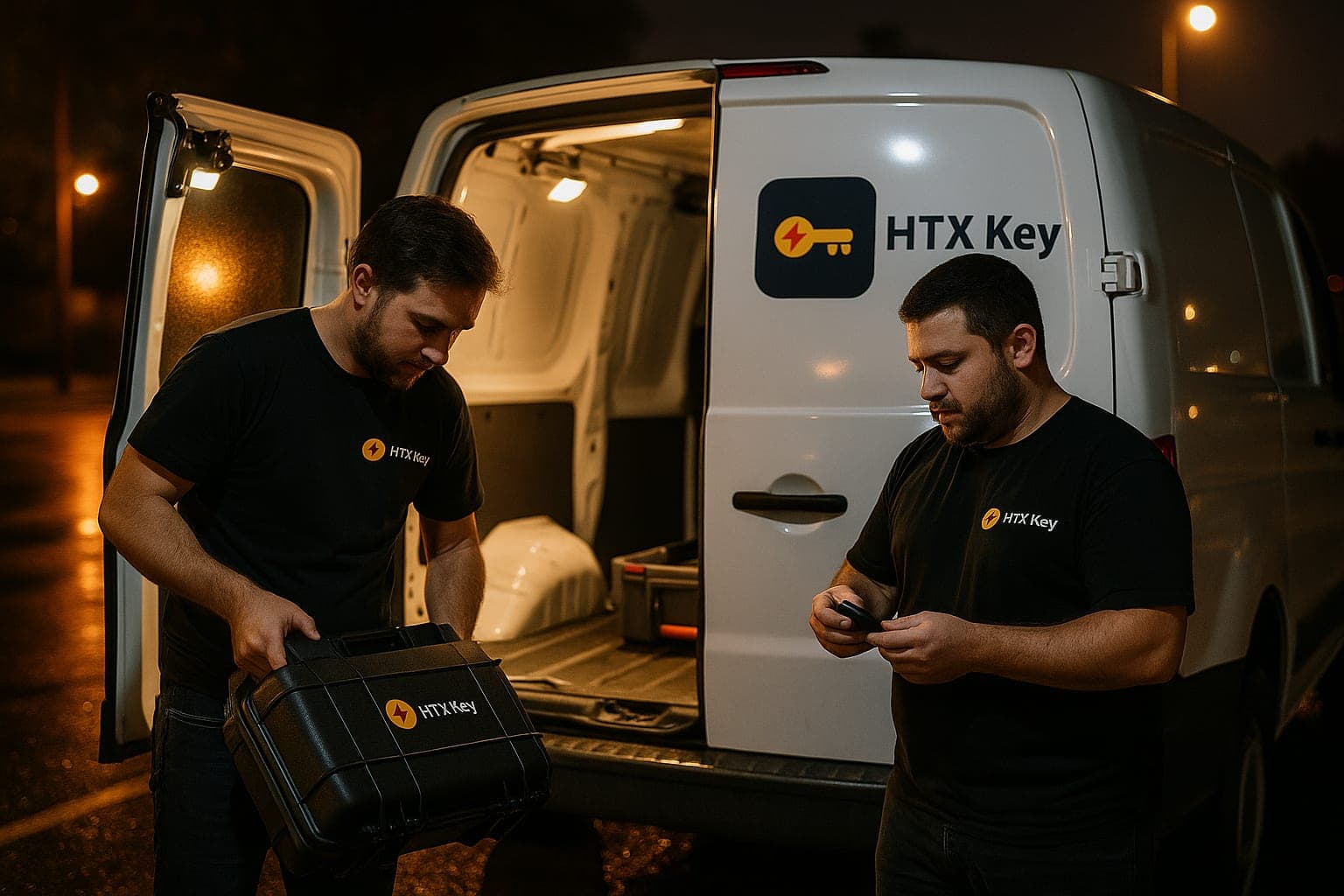 HTX Key technicians in branded shirts loading a marked service van in Houston, TX at night