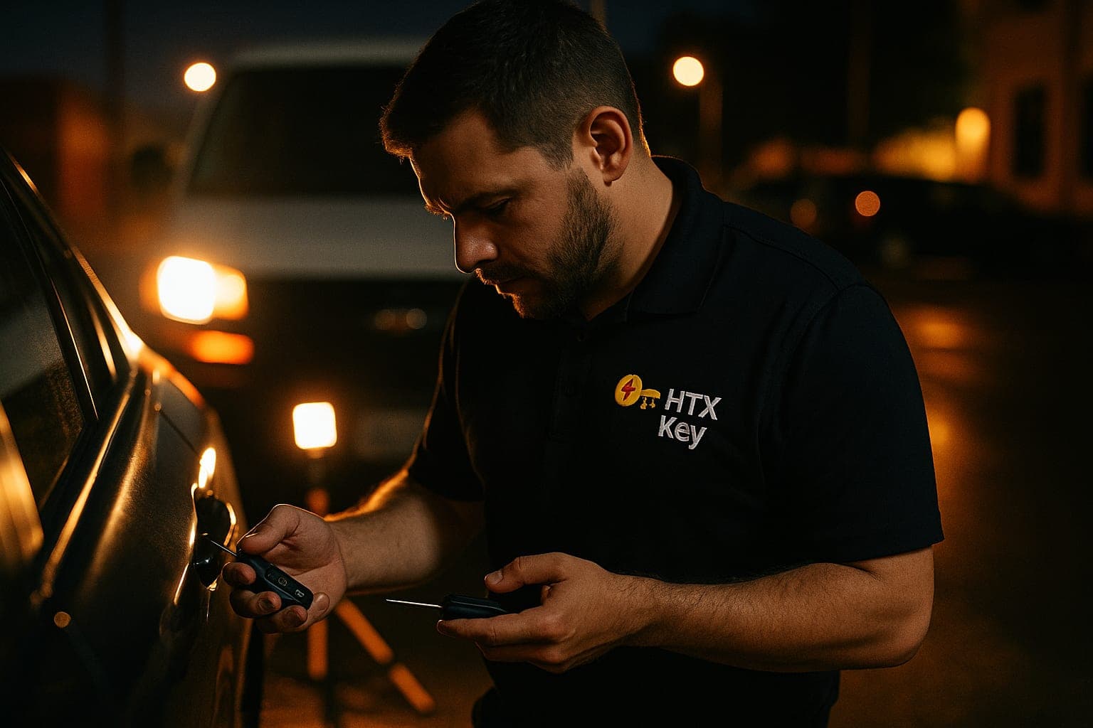 HTX Key technician in a branded shirt programming a car key fob at night in Houston, TX