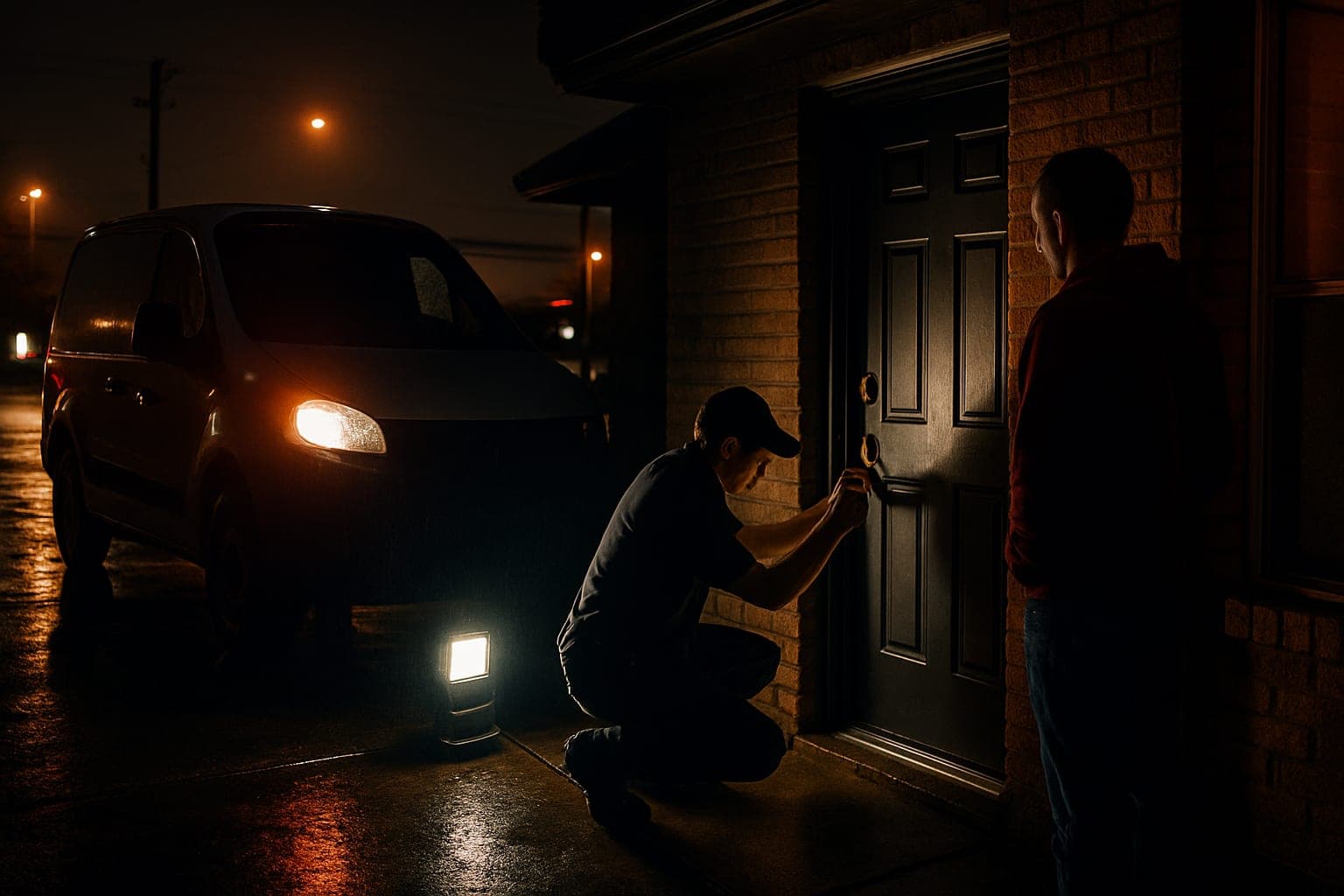 Locksmith opening a locked front door for a homeowner in Houston without damage
