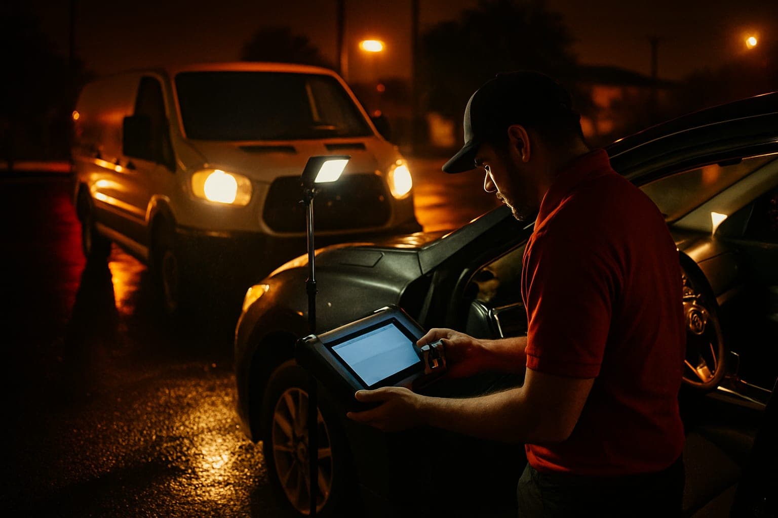Locksmith programming a push-to-start key fob at a vehicle in Houston